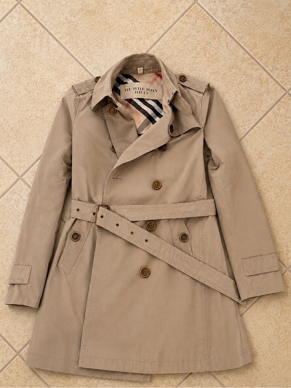 Burberry Brit Double Breasted Khaki Trench Coat Size 12 - Picture 7 of 8